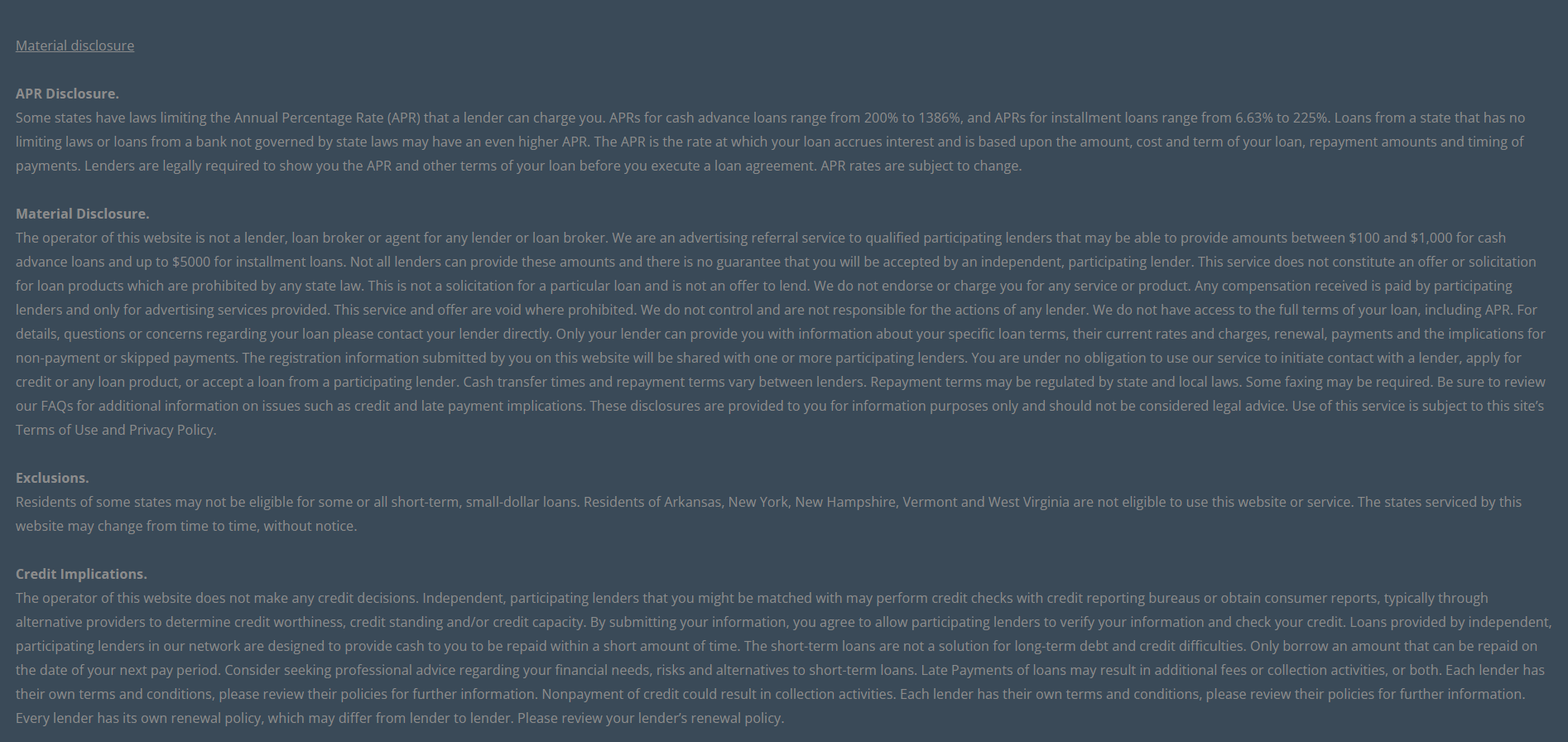 Material disclosure for payday loans in San Bernardino California